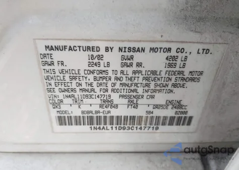 2003 Nissan Altima 2.5 S z USA, uszkodzony, nr VIN 1N4AL11D93C147719